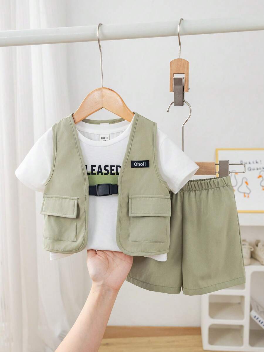 SHEIN 男婴可爱夏季街头休闲绿色背心外套三件套，白色字母图案T恤，短裤三件套 - 彩色 - 查看 1
