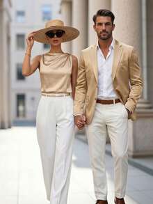 Editum Women's Regular Pleated Satin Sleeveless Blouse Draped Top Elegant Satin Top Women Tops Elegant Satin Tops For Women Spring/Summer - Apricot - View 3