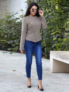 Durrani Popal 高腰纽扣缀饰紧身弹力破洞Y2K牛仔裤保暖内衬口袋紧身牛仔裤秋冬季加厚牛仔 - 藍色 - 查看 1