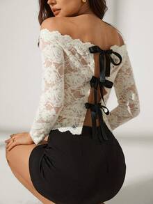 Lyxana Spring/Summer New Casual Elegant Fashion Sexy Vacation Romantic Party Christmas Ribbon Tie Sheer Long Sleeve Solid Color Lace Jacquard Women Top - Apricot - View 3