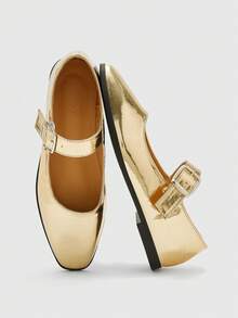 CUCCOO BIZCHIC Women's Shoes Spring And Autumn Comfortable Casual Cute Flat Shoes, Fashionable Commuting Silver Buckle With Square Buckle, Closed Low Vamp Small Square Toe Simple Slip On Shoes Office Vacation Women's Shoes Valentine's Day - Gold - View 6