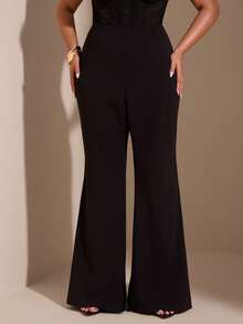 SHEIN BAE 加大码女士时尚百搭纯色喇叭裤，曲线度假 - 棕色 - 查看 5