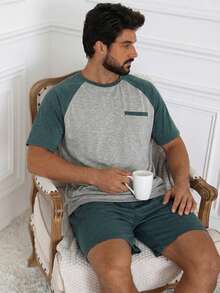 DAZY Men's Contrast Color Splice Short Sleeve Pajama Set, Summer - Multicolor - View 3