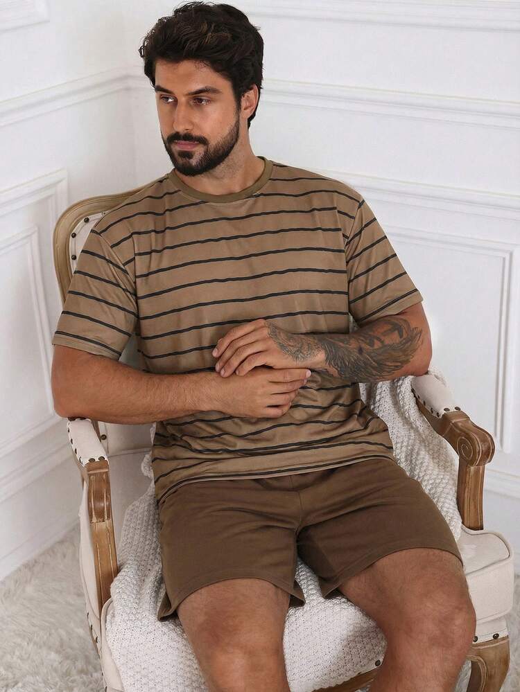 Summer Striped T-Shirt Matched With Multi-Color Men's Pajama Set