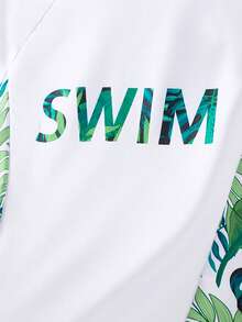 SHEIN 两件套青少年男童休闲度假图案长袖泳衣和泳裤套装