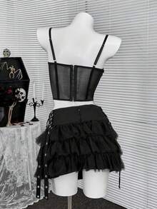 Coolane Women's Spring/Summer Goth Y2K Concert Rave Festival Going Out Rave Renaissance Fair Contrast Lace Black Top - Black - View 6