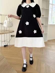 SHEIN Gaun Remaja Perempuan Longgar Lengan Mengembang dengan Kerah Pita, Desain Blok Warna, Kasual & Manis, Musim Semi/Panas - Hitam dan Putih - View 5