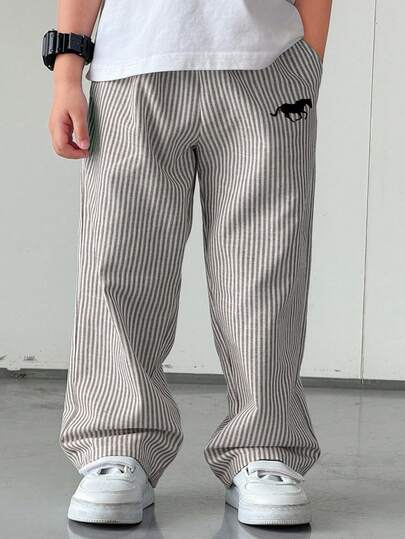 SHEIN Young Boys' White Striped Woven Cargo Pants,Straight Leg Lightweight Comfortable Casual Street Style Summer School Back-To-School Sports Gatherings