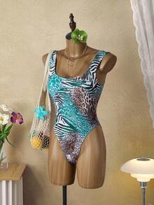 Bellisia 女士豹纹斑马纹连体泳衣，时尚度假之选 - 彩色 - 查看 5