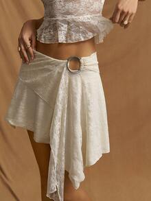 SHEIN ICON 2pcs/Set Y2K Women's Boho Beige Goth Lace Sleeveless Top And Low Waist Skirt - Brown - View 6