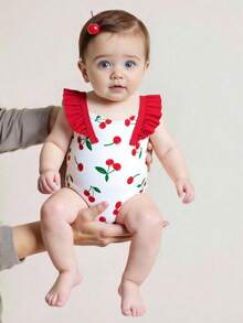 新生儿樱桃印花连体泳衣，荷叶边装饰，休闲款式，适合度假和玩耍