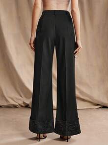 Anewsta Pantalones casuales de pierna ancha con diseño de patchwork de encaje negro para mujer, pantalones rectos adelgazantes, primavera/verano - Negro - Ver 3