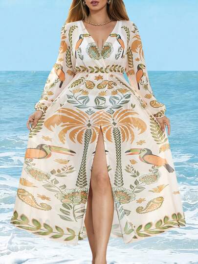 Swim Mulvari Plus Size Women's Leopard Print Long Casual Sexy Beach Dress