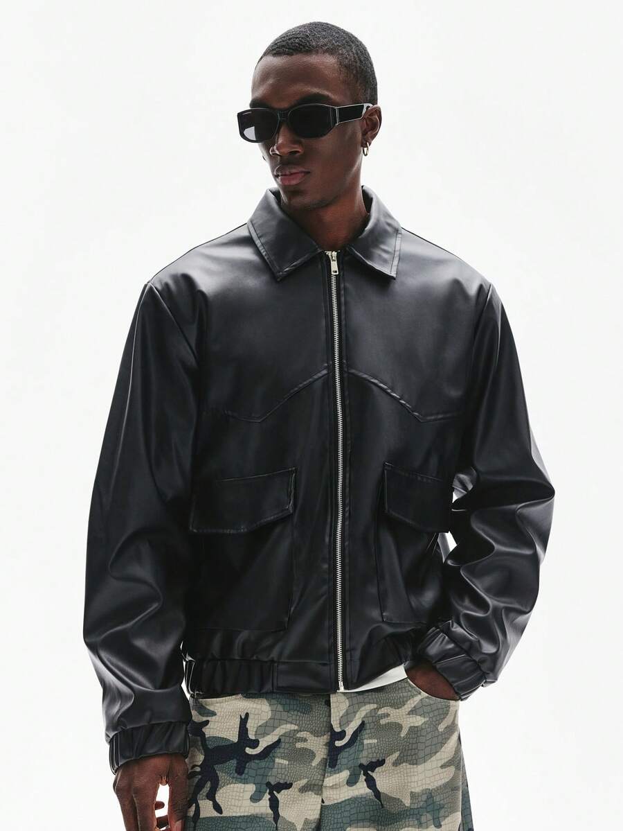 STYNVO 男士街头时尚拉链PU皮夹克 黑色皮夹克 男士街头风短款夹克 男士街头风夹克 男士 - 黑色 - 查看 1