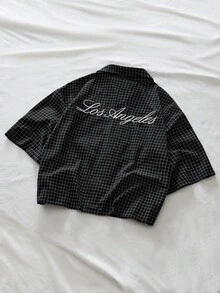 AXEPEAK 男士格子短袖单排扣休闲通勤衬衫 男士短袖衬衫 男士格子衬衫 男士宽松短款衬衫 洛杉矶衬衫 男士休闲衬衫 - 黑色 - 查看 6