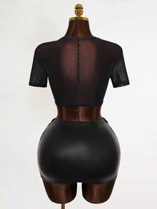 Mistrie Lady Sexy Net Fabric Transparent Embroidery T-Shirt - Black - View 2