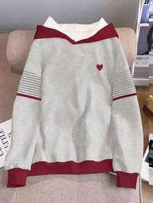 Resyla Women's Striped Heart Print Long Sleeve Casual Loose Sweatshirt Sweatshirt