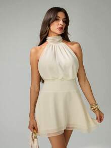 SHEIN Tall Women's Sexy & Elegant Halter Neck Chiffon Waist Ruched Dress With Bowknot Tie Back Ivory Dress Halter Neck Dress Creme Dress Asymmetrical Dress One Shoulder Dress Bow Back Dress - Beige - View 7
