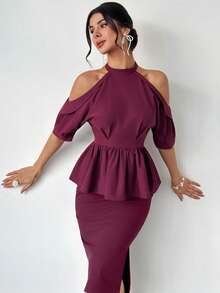 Firerie Elegant, Refined, Dignified, Romantic, Fashion, Commute, Urban, Modern, Vacation, Date, Party, Music Festival, Birthday Gathering, Halter Neck, Cold Shoulder, Draped, Cinched Waist, X-Shaped, Eggplant Purple Blouse - Red Violet - View 6