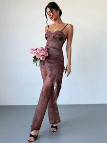 Firerie Elegant Romantic Urban Chic Bohemian Festival Party Music Festival Valentine's Day Date Sexy Lace Sheer Patchwork Asymmetric Hem Side Slit Backless Camisole Top And High Waist Lace Sheer Wide Leg Pants Brown 2 Piece Set - Brown - View 8