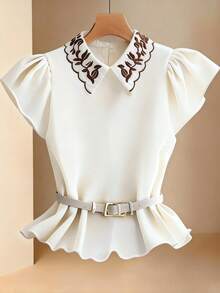 GlowEve ملابس علوية نسائية بأكمام قصيرة مطرزة على الياقة، أنيقة للارتداء اليومي والعمل والعطلات، لون المشمش، أكمام قصيرة مناسبة للربيع المبكر والخريف - لون مشمشي - مشاهدة 3