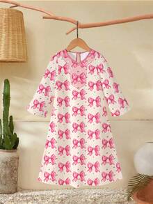1件 4-7岁女童甜美公主风中东设计粉色蝴蝶结爱心印花长袖宽松连衣裙，常规薄面料，长款连衣裙，适合休闲/派对穿着，春/夏/秋季 - 彩色 - 查看 4