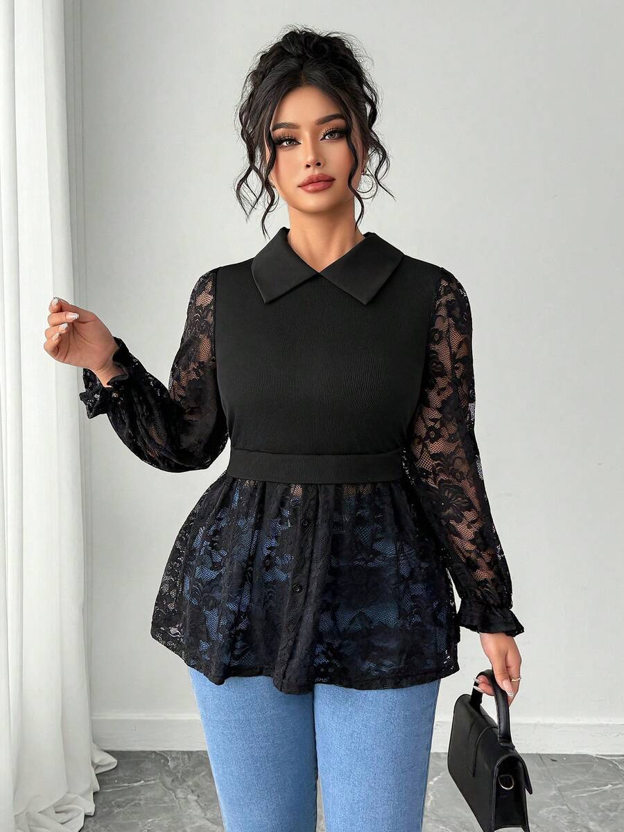 Elenzga 大码女式优雅通勤纯色蕾丝拼接衬衫 - 黑色 - 查看 1