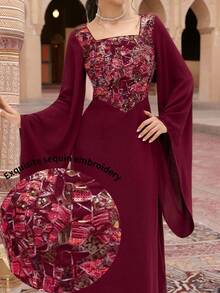 Al Najma 女士亮片拼接方领优雅长袖阿拉伯风格连衣裙 - 紅色 - 查看 9