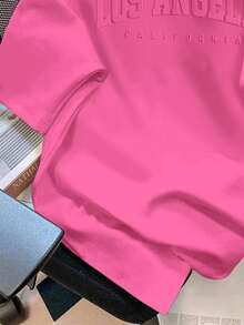 SHEIN EZwear 女士宽松休闲极简风英文压纹图案圆领短袖T恤 - 粉色 - 查看 6