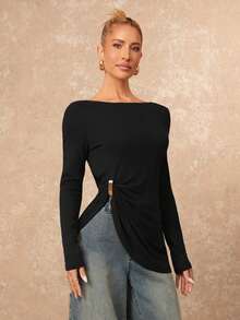 Lumalex 女士纯色船领长袖褶皱修身时尚T恤 - 黑色 - 查看 7