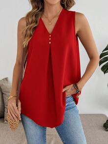 EMERY ROSE Camiseta sin mangas casual con cuello en V y pliegues de unicolor para mujer - Rojo - Ver 3