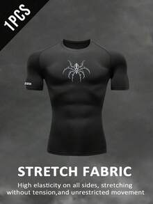 Manfinity EMRG Camiseta de manga corta negra de corte ajustado con estampado de araña para hombre, camiseta de compresión para gimnasio, camiseta de compresión con gráficos, camiseta de compresión para hombre - Negro - Ver 5