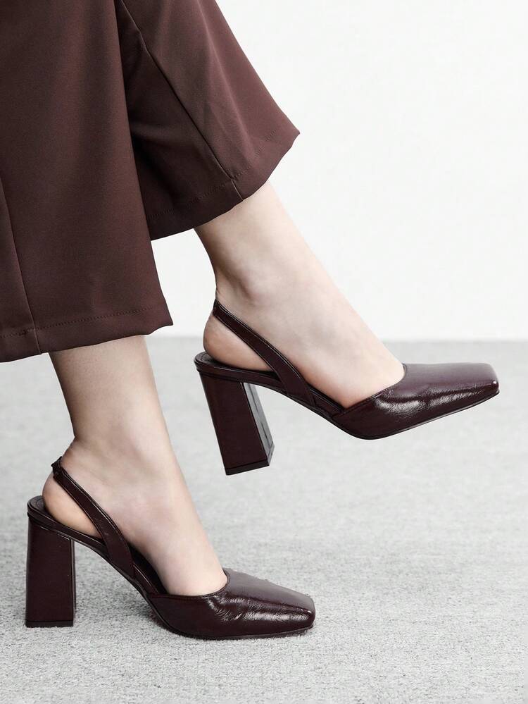 CUCCOO BIZCHIC Women's Square Toe Chunky Heel PU Leather Slip-On Shoes, Fashionable Minimalist Comfortable For Daily, Party, Banquet Valentine's Day