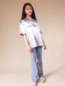 SUMWON Princess League Graphic Tween V-Neck Short Sleeve Oversized T-Shirt With Contrast Trim And Crown Logo Casual Vacation - Silver - View 3