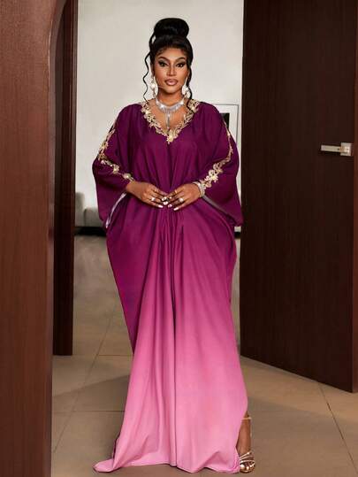 Maweii Plus Size Women's Elegant Gradient Color V-Neck Batwing Sleeve Cinched Waist Long Dress, Suitable For Spring/Summer Parties