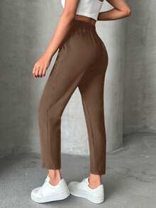 SHEIN PETITE Petite Pants With Drawstring, Slanted Pockets - Brown - View 2