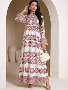 Veilorie Women's Spring/Autumn Modest Vacation Style Floral Print Notched Neck Flare Sleeve Arabic Dress - Multicolor - View 2
