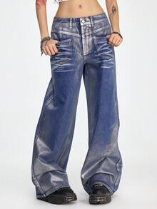 ROMWE Grunge Punk Quần jeans ống rộng dáng suông màu bạc ánh kim kiểu dáng tương lai - Màu xanh lam - Xem 1