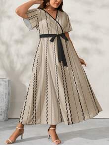 Lacomfia 大码女式复古条纹印花 V 领腰系带喇叭下摆夏季连衣裙 - 彩色 - 查看 3