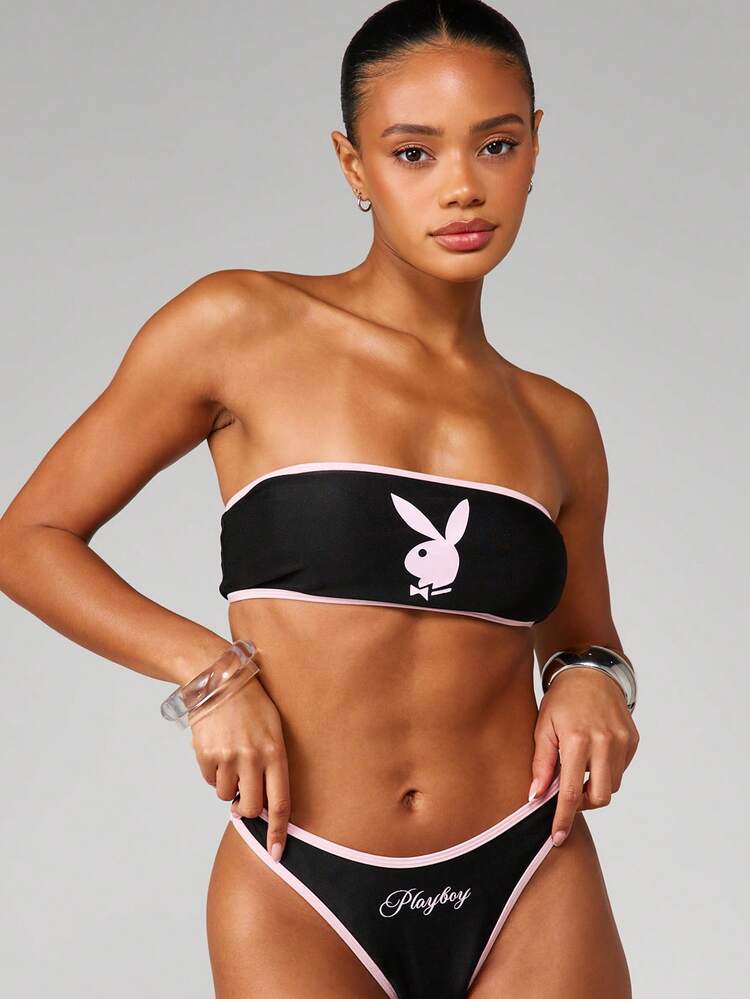 Missguided x Playboy Strapless Bandeau Bikini Set With Pink Bunny Logo And Script Lettering High Waisted Triangle Bottom Two Piece Swimwear Summer Beach Pool Vacation