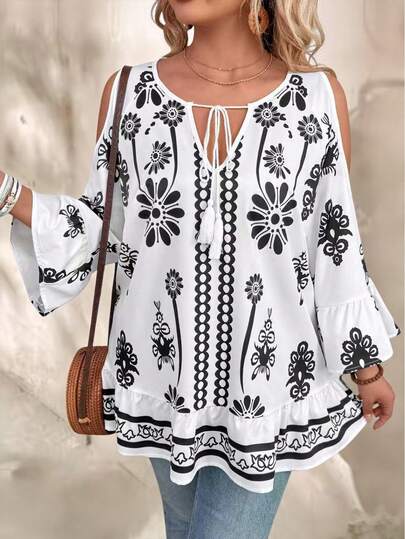 EMERY ROSE Camisa de verano casual de gran tamaño con estampado, tejida para vacaciones