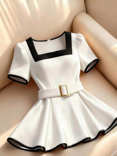 Franclia 女士优雅撞色方领泡泡袖衬衫