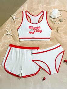 樱桃印花特殊面料少女泳装套装 - 紅白色 - 查看 3