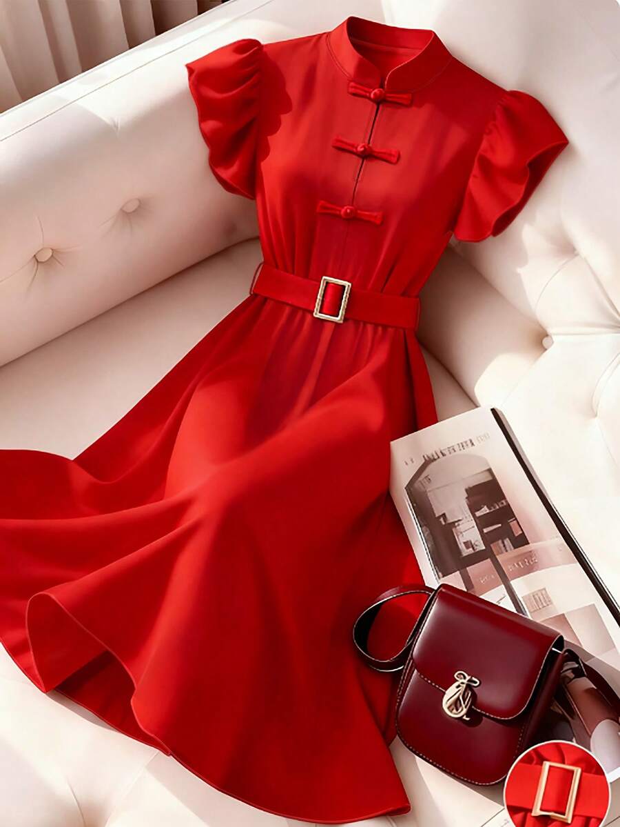 Franclia 新款中国风短袖立领连衣裙 红色优雅连衣裙 女士红色连衣裙 带腰带连衣裙 纯色连衣裙 红色服装 红色休闲连衣裙 带腰带红色连衣裙 法式连衣裙 纯色红色连衣裙 优雅女士连衣裙 - 紅色 - 查看 1