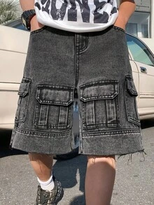 SHEIN 青少年男孩时尚休闲复古Y2K舒适镂空破洞磨边多口袋设计蓝色宽松牛仔短裤，适合日常穿着，也适合春夏锐舞节和海滩穿着，2026春夏新款 - 黑色 - 查看 3