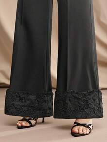 Anewsta Pantalones casuales de pierna ancha con diseño de patchwork de encaje negro para mujer, pantalones rectos adelgazantes, primavera/verano - Negro - Ver 8