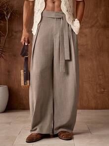 AKNOTIC 男士休闲宽松弹力腰直筒裤，卡其色纯色，适合夏季、度假、日常搭配、派对、情侣装、男士礼物。男士系带裤，男士阔腿褶裥裤，男士阔腿裤，褶裥裤，男士褶裥西装裤，男士褶裥裤，男士西装裤 - 卡其色 - 查看 3