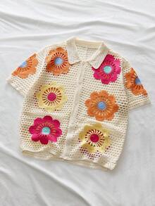 AXEPEAK 男士性感花卉钩编半透明短袖针织上衣，夏季度假风 - 彩色 - 查看 5