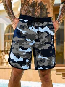 Palasendo Men's Camouflage Print Slant Pocket Drawstring Waist Casual Vacation Beach Shorts - Multicolor - View 3