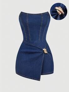 SHEIN MOD Áo liền quần denim kiểu ống lệch vạt trang trí kim loại dành cho nữ - Rửa tối - Xem 1